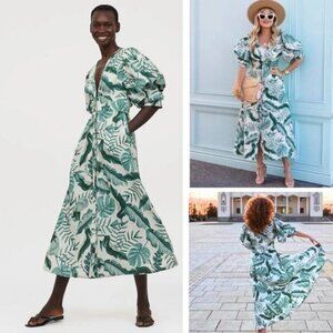 JOHANNA ORTIZ X H&M Linen Midi Dress Tropical Green Leaf Print Size XS